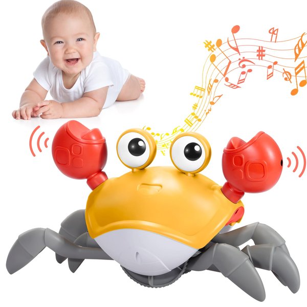 WDQT Baby Toys Gifts Tummy Time Toys Build in Rechargeable Battery,Crawling Crab Baby Toy with Music and LED Light（Orange）