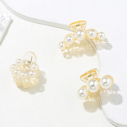 CAKURE Pearl Hair Claw Clips Champagne Hair Clips Small Non Slip Hair Jaw Clamps Pearl Hair Accessories for Women and Girls (3 PCS)