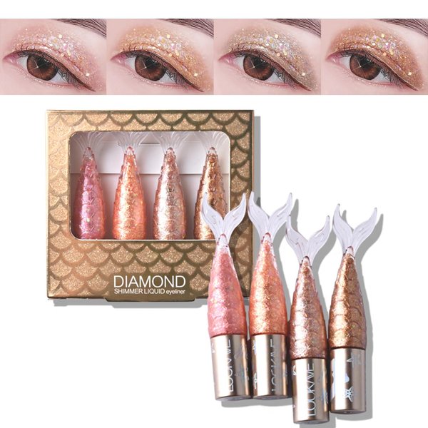 Glitter Eyeliner Liquid Set, 4 Colors Metallic Sequin Pink Eyeliner ＆ Eyeshadow Liquid, Diamond Eye Liner Liquid, Long Lasting Waterproof Eyeshadow Liquid, Shimmer Eye Make Up for Women's Gifts (B)