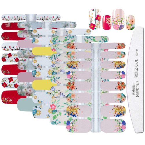 WOKOTO 5 Sheets Nail Art Wraps Polish Stickers Tips with 1Pc Nail File Flower Leaf Adhesive Nail Decals Strips Set Manicure Accessories