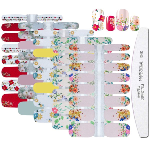 WOKOTO 5 Sheets Nail Art Wraps Polish Stickers Tips with 1Pc Nail File Flower Leaf Adhesive Nail Decals Strips Set Manicure Accessories