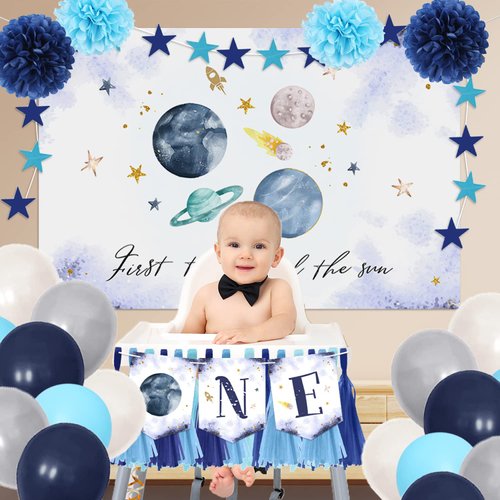 First Trip Around The Sun Birthday Decorations Space Theme 1st Birthday Banner Outer Space Birthday High Chair First Birthday Decorations for Boy Space Party Decorations(Space)