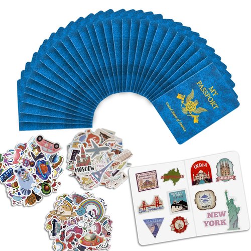 30 Pcs Blank Passport Books 300pcs Travel Journal Sticker Passport Stamps for Kids Fake Passport for School Theme Party World Travel Pretend Activity Party Favors Blue Passport Notebook