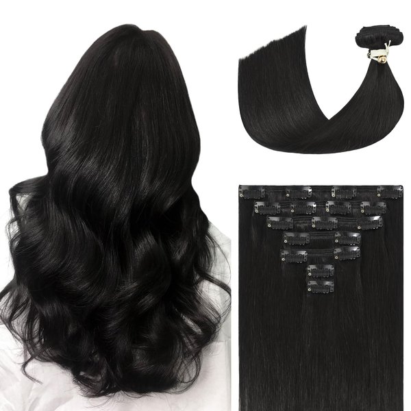 Ukira Black Clip in Hair Extensions Real Human Hair, 14 Inch 120g #1B Remy Human Hair Seamless Clip in Hair Extensions Black women Soft Silky Straight 7pcs Natural Black Hair Extensions