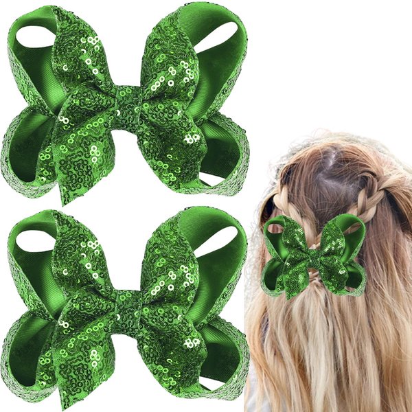 2PCS St. Patrick's Day Hair Bows Clips Ribbon Hairpin Irish Party Bowknot Handmade Hair Clips 5 Inches Glitter Sequins Cheer Alligator Clips Bows Hairpins for Girls Kids Women