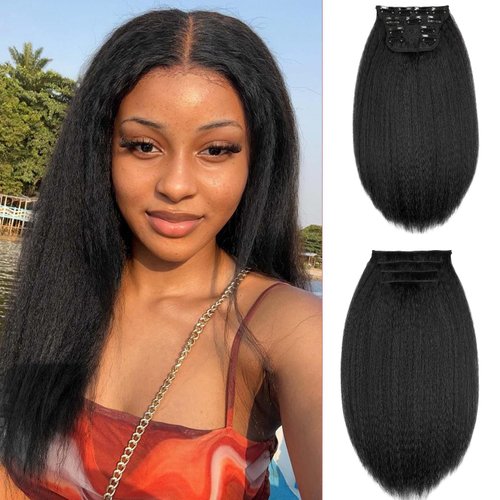 Quantum Love Kinky Straight Clips in Hair Extensions Full Head Yaki Straight Clip Ins for Black Women 14 Inches 4 Pieces Kinky Straight Synthetic Hair Extension
