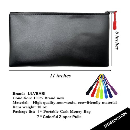 ULVBABI Money Bags With Zipper, 11x6.1 inch Security Deposit Zipper Pouch, Bank Bag, Cash Bag, Check Wallet, Cosmetics, Medicines and Travel Essentials Bags with 7 Zipper Extension Pulls (Black)
