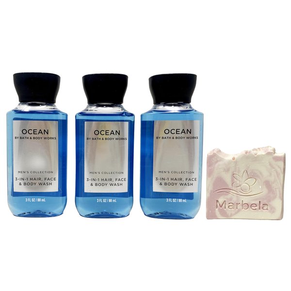 Bath & Body Works Men's Collection Ocean 3 in 1 Hair, Face and Body Wash (3 piece Travel Size) With a Himalayan Salts Springs Sample Soap.