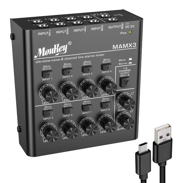 Moukey Audio Mixer Line Mixer, DC 5V, 8-Stereo Ultra, Low Noise 8-Channel for Sub-Mixing, Ideal for Small Clubs or Bars, As Guitars, Bass, Keyboards Mixer, 2022 New Version-MAMX3