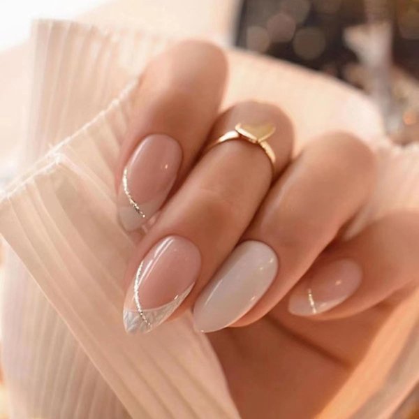 24 Pcs French Tip Press on Nails Medium Almond - WLGDLH Fake Nails White False Nails Press ons with French Glitter Design Acrylic Full Cover Nail Art Kit Stick on Nails for Women Manicure