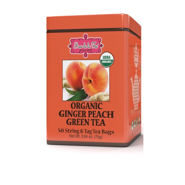 Brew La La Organic Green Tea - Natural Ginger Peach Flavor - 50 Double Chambered Tea Bags - Low Caffeine Tea - USDA Certified Organic - NonGMO - Gluten Free