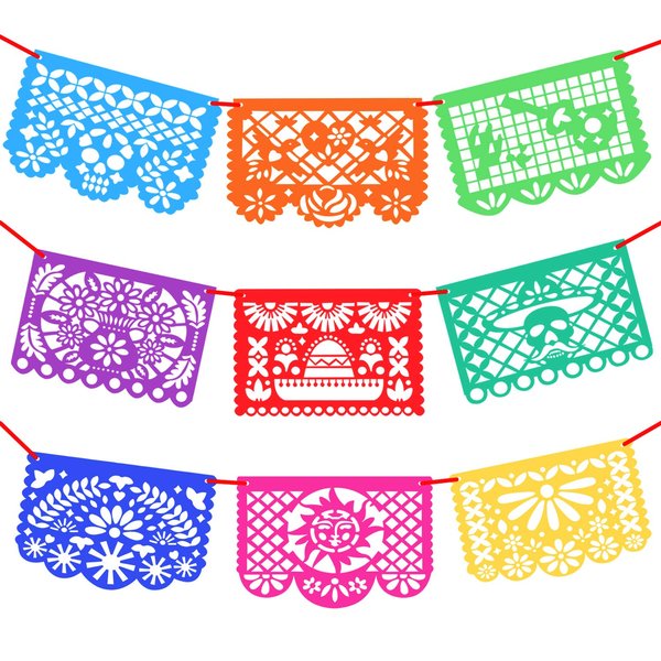 Novelty Place 15Ft 9Pcs Mexican Party Banners - Felt Papel Picado Banner - Mexican Fiesta Party Decorations for Dia De Los Muertos, Day of the Dead, Cino de Mayo, 9 Pattern Panels