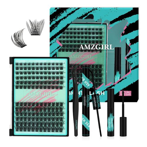 AMZGIRL LASH Midnight DIY Lash Extension Kit, 144 pcs Eyelash Clusters Kit Lash Bond and Seal, Lash Glue Remover and Applicator for Individual False Eyelashes Kit Lash Extensions(D-Mix 8-16mm Kit)