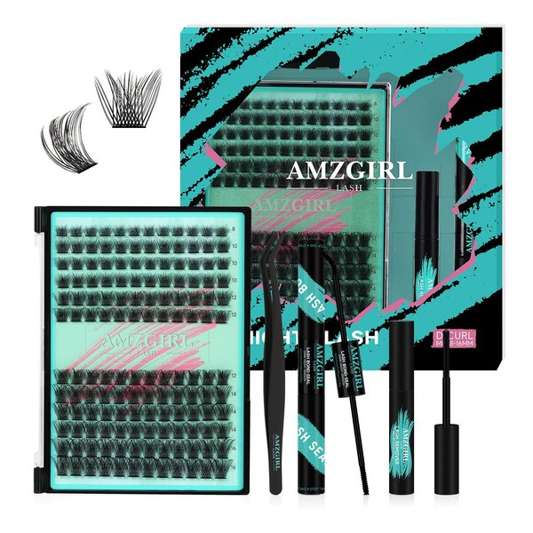 AMZGIRL LASH Midnight DIY Lash Extension Kit, 144 pcs Eyelash Clusters Kit Lash Bond and Seal, Lash Glue Remover and Applicator for Individual False Eyelashes Kit Lash Extensions(D-Mix 8-16mm Kit)