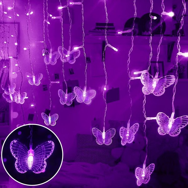 Lainin String Light 13FT 96LED USB Powered Curtain Light 16 Butterflies Strings 8 Mode Fairy Light Strip for Party Indoor Outdoor Room Garden Wall Wedding Christmas Xmas Decorations (Purple)