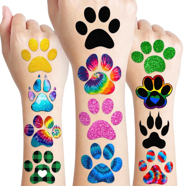 107 Pcs Cat Dog Paw Print Temporary Tattoos Sticker Tie Dye Animal Themed Birthday Party Supplies Decorations Decor Favors Gifts Ideas Girls Boys Cute Fake Let’s Pawty Pupply Pet Tattoo School Reward