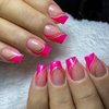 Pink Press on Nails Short Square Fake Nails French Tip False Nails with Gold Glitter Line Designs Glossy Glue on Nails Full Cover Acrylic Stick on Nails Hot Pink Artificial Nails for Women Manicure