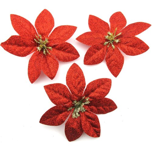 3 pc Lot 3 1/2" Red and Gold Glitter Poinsettia Silk Flower Hair Clips