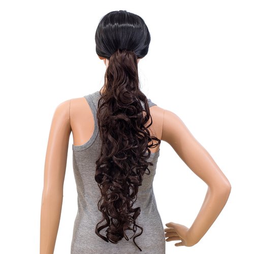 SWACC 24-Inch Long Messy Curls Claw Clip Ponytail Extensions Synthetic Clip in Drawstring Curly Ponytail Hairpiece Jaw Clip Hair Extensions (Dark Brown-4#)