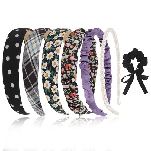 7 Pcs Fashion Headbands for Women with Satin Scrunchies Black Headbands for Girls Pearl Headbands for Women Trendy Padded Headband Thin Headbands for Women Croquette Aesthetic Cute Accessories