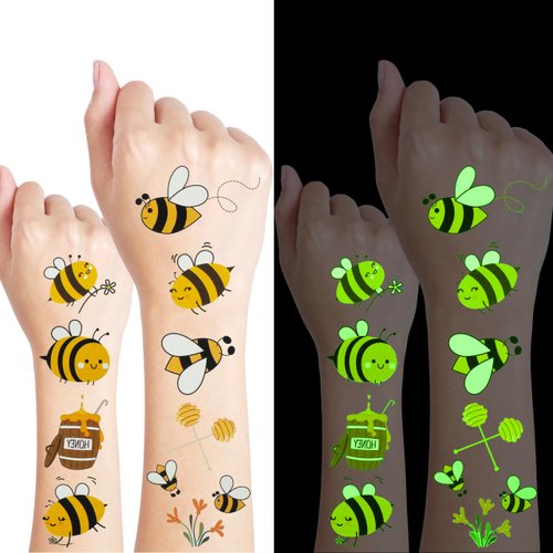 Glow In The Dark Bee Temporary Tattoos,24 Sheets, Bumble Bee Birthday Decorations Party Favors