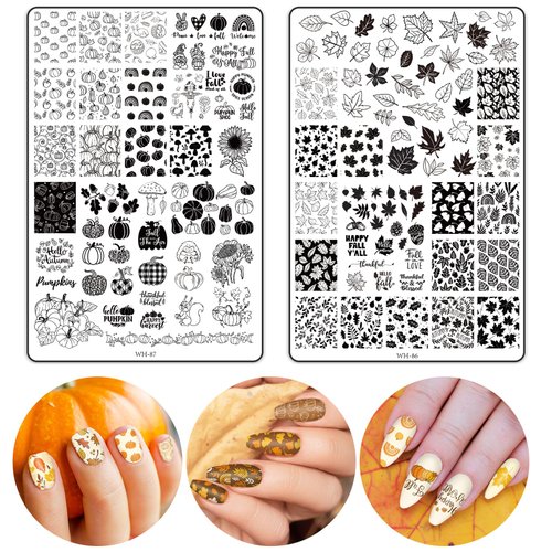 JarThenaAMCS 2 Sheet Fall Thanksgiving Nail Art Stamping Plate Kit Assorted Pumpkins Maple Leaves Autumn Blessing Collection Nail Art Plate for Holiday DIY Print Manicure Salon, 5.7 x 3.7inch