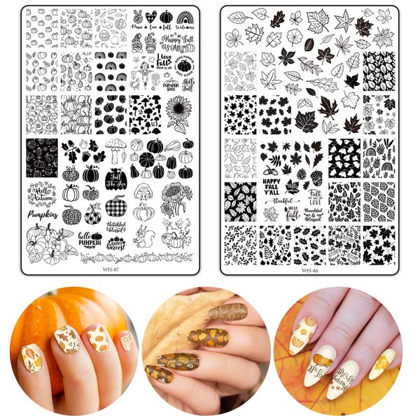 JarThenaAMCS 2 Sheet Fall Thanksgiving Nail Art Stamping Plate Kit Assorted Pumpkins Maple Leaves Autumn Blessing Collection Nail Art Plate for Holiday DIY Print Manicure Salon, 5.7 x 3.7inch