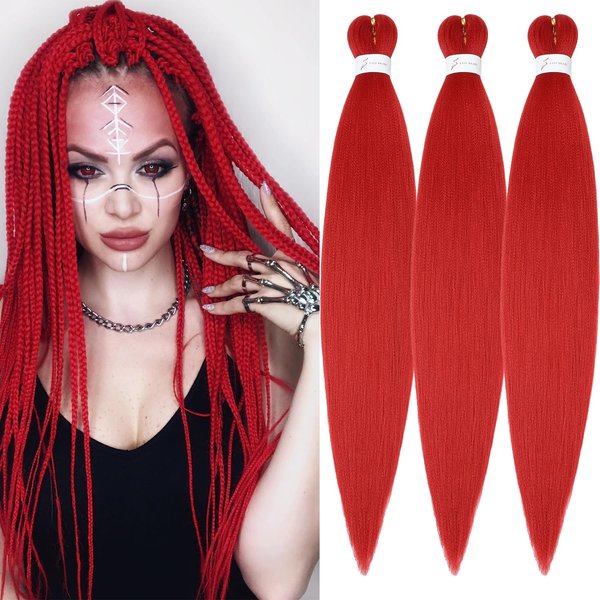 Red Braiding Hair Pre Stretched 32inch 3 Packs Braiding hair Extensions Synthetic Crochet Braids, Hot Water Setting Professional Soft Yaki Texture. (32inch(3Packs),Red#)