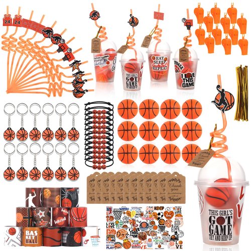 LiYiQ 158 Pcs Basketball Party Favors Basketball Party Supplies with Cup Straw Stress Ball Keychain Sticker Slaps Bracelets Whistle Thank You Tags for Basketball Birthday Decorations (Basketball)