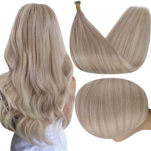 Full Shine I Tip Hair Extensions Human Hair Blonde 18 Ash Blonde Highlighted 613 Bleach Blonde I Tip Extensions Remy Human Hair Fusion Hair Extensions Micro Beads 50s/50g 20Inch