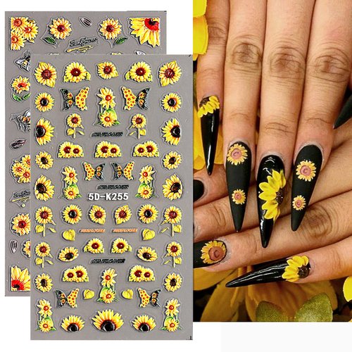 4Sheets Sunflowers Nail Art Stickers Decals 5D Embossed Summer Sun Flowers Nail Decals Engraved Flower Nail Sticker Designs Self-Adhesive Nail Sticker Supplies for Women Floral Manicure Decorations