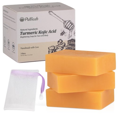PALFICAB Kojic Acid Soap for Dark Spots, Tumeric Honey Soap Bar for Women Men with Tea Tree Oil, Shea Butter, Coconut Oil, Vitamin C, Skin Brightening Soap for Face & Body, 3 Bars