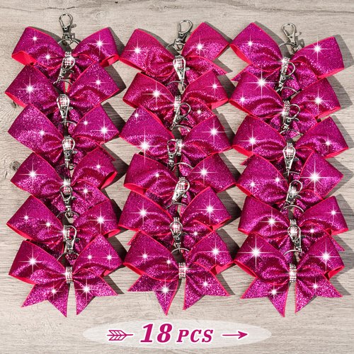 18PCS Cheer Bow Keychain Glitter Bow Keychain Hair Bow for Girls Rhinestones Sequin Bow School Senior Cheer Bow Accessories for Teen Softball football Cheerleader (Glitter Neon Pink)