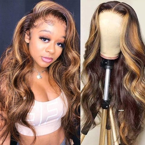 28 Inch 4/27 Highlight Ombre Lace Front Wigs Human Hair Honey Blonde 13x4 Body Wave Lace Frontal Human Hair Wigs For Black Women Pre Plucked with Baby Hair 180% Density Glueless Wigs Human Hair