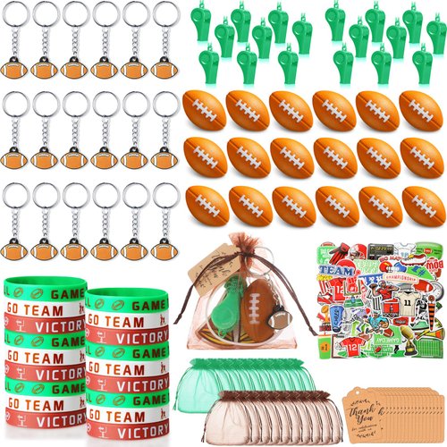 HyDren 158 Pcs Football Party Favors Set 18 Football Keychains 18 Silicone Bracelets 18 Mini Football 18 Whistles 50 Stickers 18 Organza Bags 18 Thank You Tags for Football Party Supplies