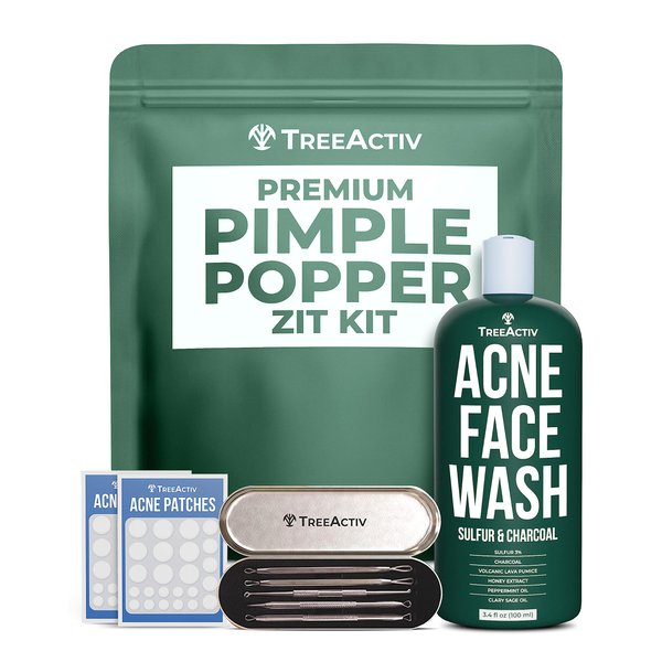 TreeActiv Pimple Popper Tool Kit with Face Wash and Acne Patches, Professional Blackhead Remover Tools Facial Kit, Stainless Steel Blackhead Extractor Tool, Blemish Blackhead & Whitehead Pimple Extr