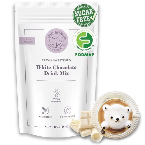 5 SPARROWS Sugar-Free White Chocolate Flavored Drink Mix - Stevia, Keto Friendly, Low FODMAP - No Sugar Coffee Creamer, 10oz
