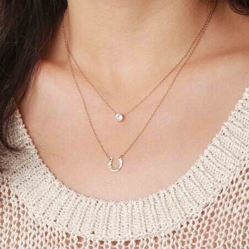 Yheakne Layered Lucky Horseshoe Necklace Gold Rhinestone Pendant Necklace Choker Luxury Solitaire Crystal Necklace Vintage U Shape Necklace Jewelry for Women and Girls Gifts