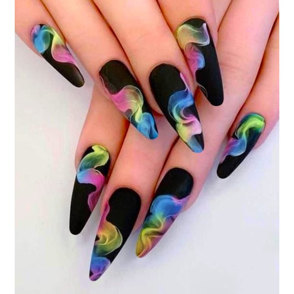 Artquee 24pcs Black Almond Press on Nails Medium Length Fake Nail Art with Colorful Graffiti Designs Acrylic Nails Artificial Matte Stiletto Nails in 12 Sizes Stick on False Nails Tips for Women