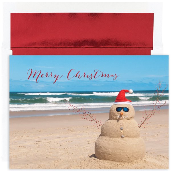 Masterpiece Studios Warmest Wishes 16-Count Boxed Christmas Cards with Foil-Lined Envelopes, 7.8" x 5.6", Beach Snowman (872400)