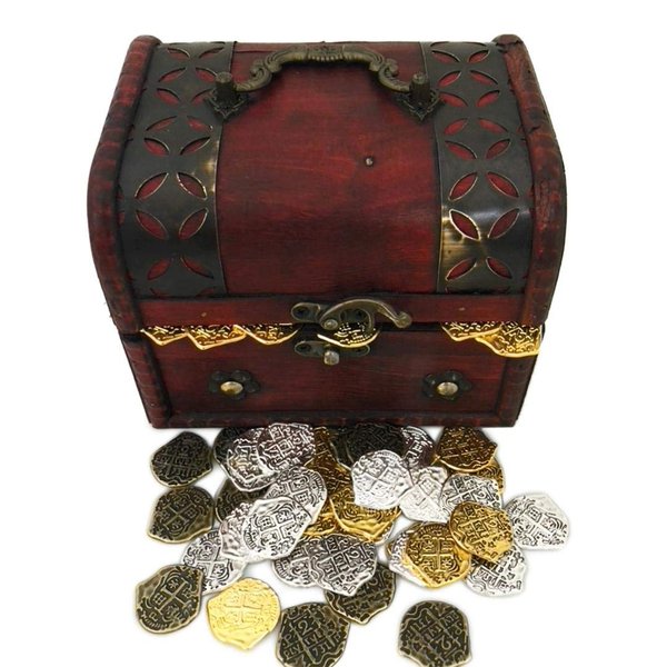 Seven Seas Pirates Toy Coins - Golden & Silver Metal Doubloons with Treasure Chest