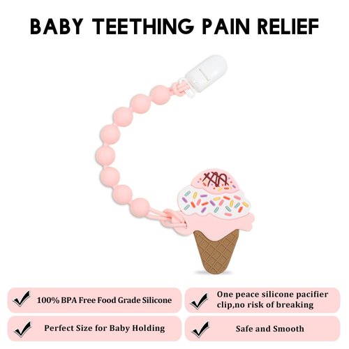 Baby Food Grade Silicone Teether Toy with One Piece Design Pacifier Clip Holder,Teething Pain Relief Toys Gift Set for 3 Months+ Boys and Girls,Freezer Safe,BPA Free. (Ice Cream)
