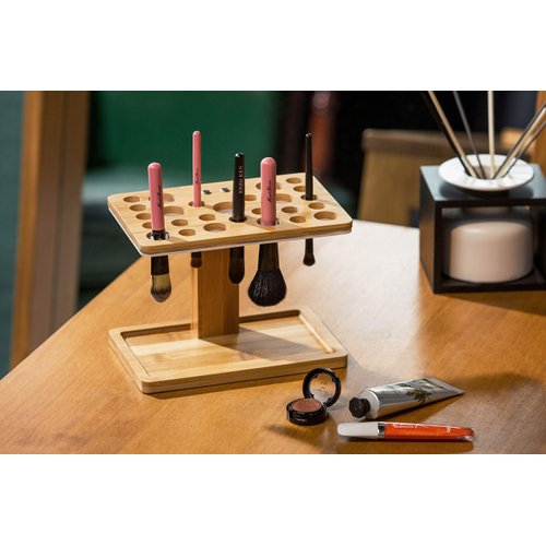 Bamboo Brush Makeup Cosmetic Air Drying Rack Tower Acrylic Folding Brushes Dryer Holder Display Organizer Stand with Silicone Brush Cleaner Mat Support Tray(26 Hole, FULLY ASSEMBLED) – MK288B