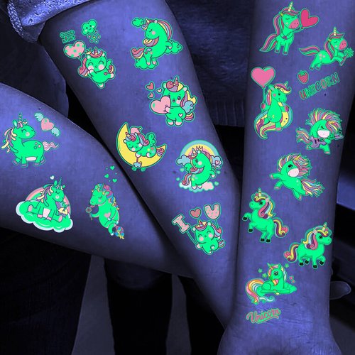 Bilizar 15 Sheets Unicorn Glow in The Dark Temporary Tattoos for Kids Girls Toddler Cute Fun Glitter Night Luminous Waterproof Fake Tattoo Sticker For Children Birthday Gifts Party Supplies Favor
