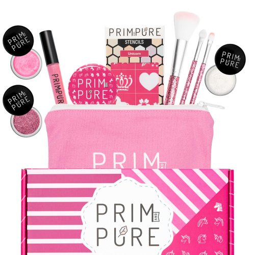 Prim and Pure Kids Makeup Gift Set - Stencil, Makeup Eyeshadow Bioglitter Lip Gloss and Cosmetic Bag Mirror Makeup Brush Accessories (Unicorn Pink)