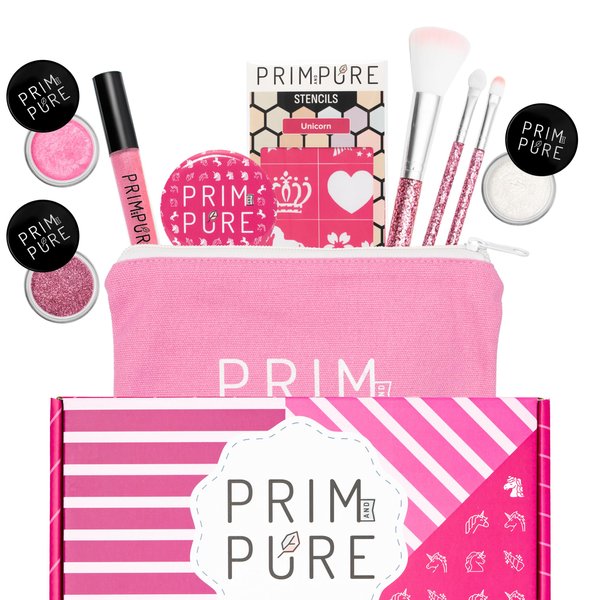 Prim and Pure Kids Makeup Gift Set - Stencil, Makeup Eyeshadow Bioglitter Lip Gloss and Cosmetic Bag Mirror Makeup Brush Accessories (Unicorn Pink)