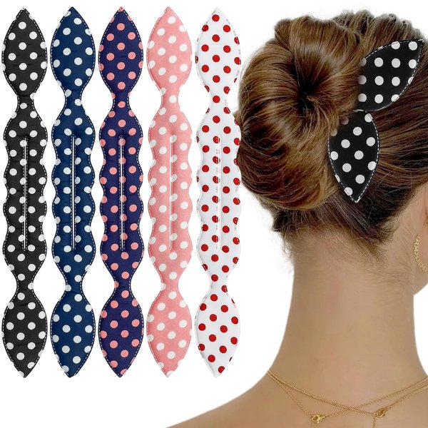 5 Pcs Deft Hair Bun Maker French Twist Donut Hair Bun Rabbit Ear Bun Twister Polka Dot Flexible Donut Quick Hair Styling Accessories for Women Girls