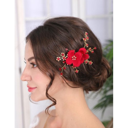 Teyglen Red Flower Wedding Hair Clip Pin Rhinestone Bridal Hair Clip Handmade Red Crystal Pearl Hair Barrette Wedding Headpeice Hair Accessories for Women