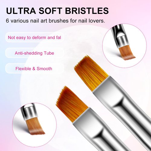 MEKK Nail Art Brush, 6Pcs Multicolor Nail Art Brushes with French Tip Brush Builder Gel Brush Nail Liner Brush and Nail Dotting Tools for Salons & Home DIY
