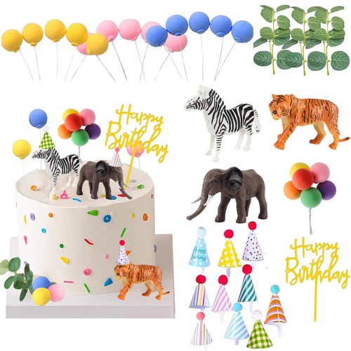 Safari Animal Cake Toppers with Mini Birthday Party Hat Color Balls Cake Decorations for Jungle Wild Themed Baby Shower Birthday Party Supplies